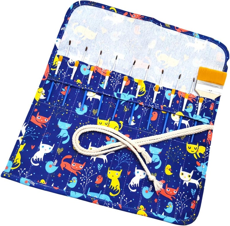 Funny live Paint Brush Holder Art Supplies, Artist Paint Brush & Storage Organizer Roll-Up Case Bag, Protect Acrylic Oil Watercolor Paintbrushes (Cat and Bird 20 Slot Pockets) - Image 2